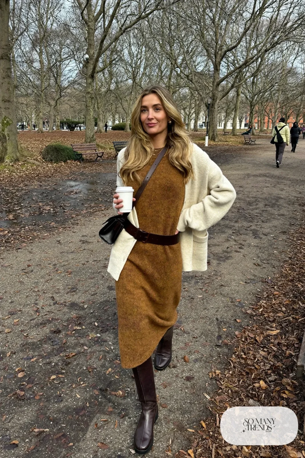 camel sweater dress cream long cardigan brown belt knee-high brown boots outfit 9