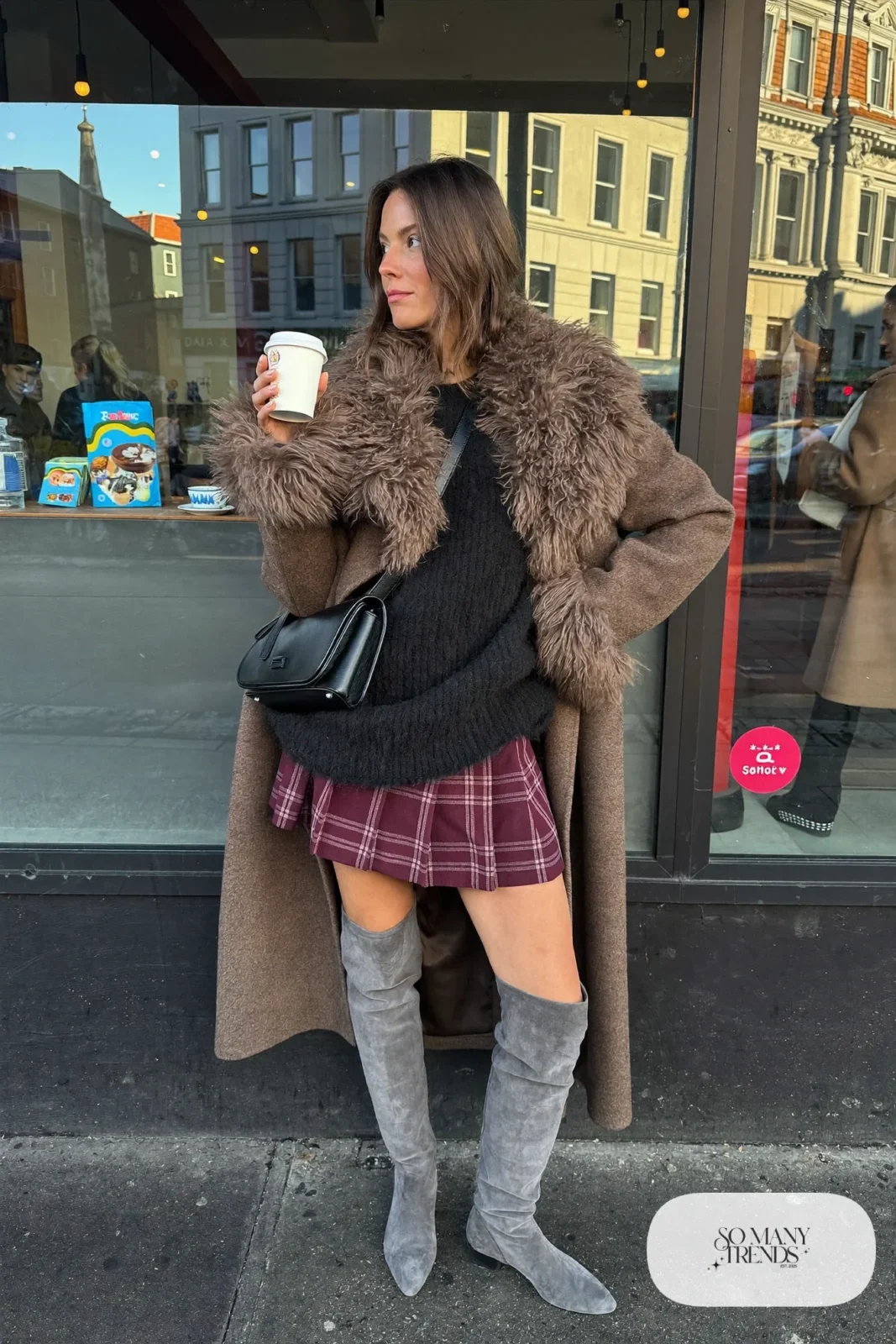 burgundy plaid mini skirt black sweater gray over-the-knee boots shearling coat outfit 19