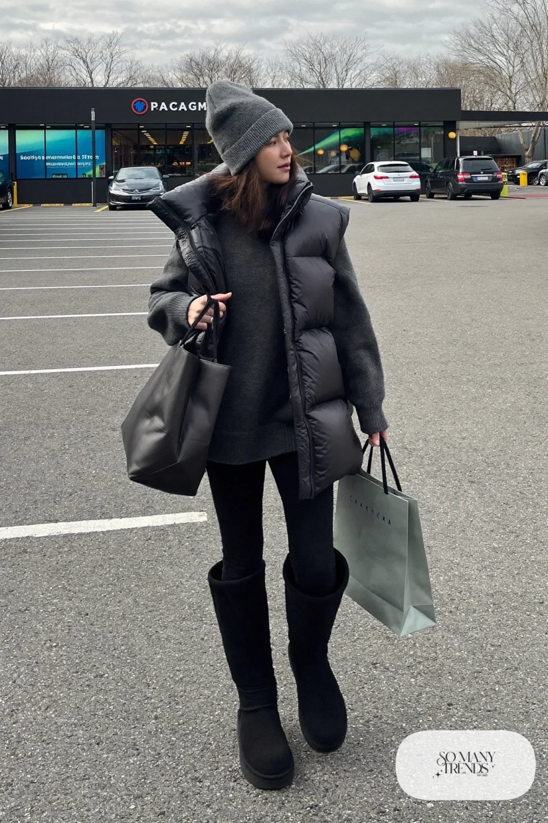 charcoal oversized sweater black leggings flat over-the-knee boots puffer vest outfit 20
