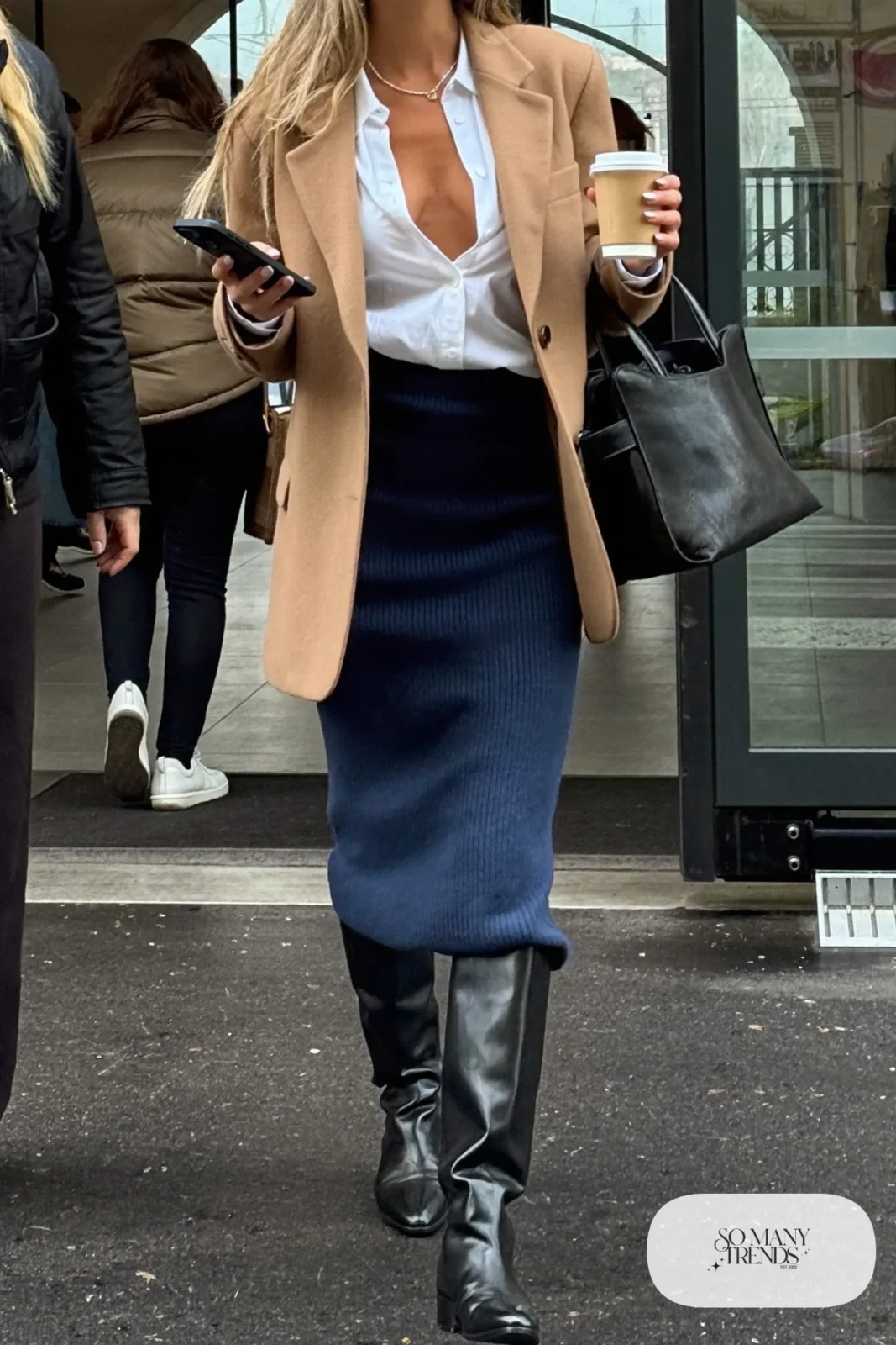 navy knit midi skirt white shirt camel blazer tall black boots tote outfit 26