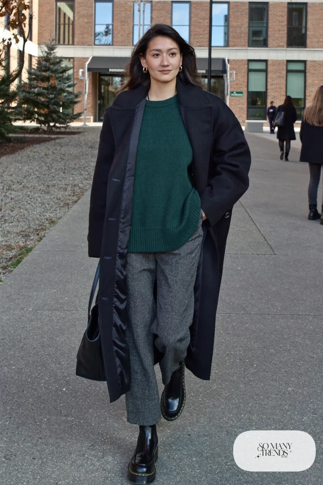 gray plaid pants forest green sweater lug-sole boots black wool coat tote outfit 28
