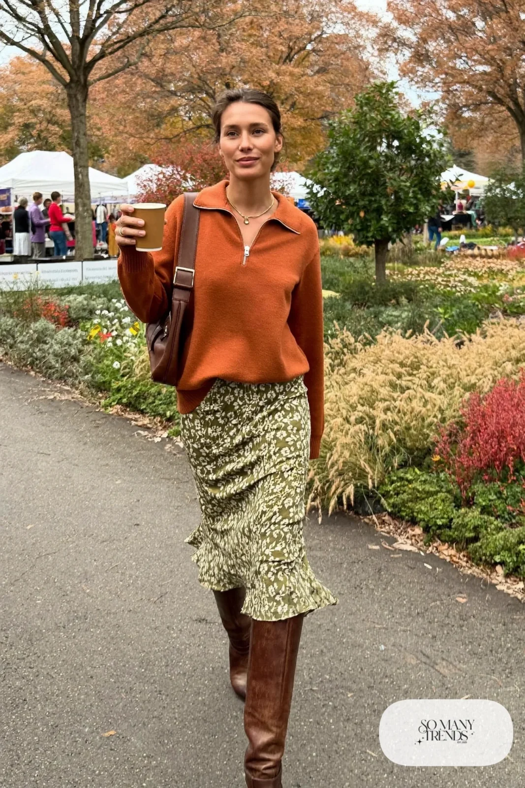 rust half-zip sweater floral midi skirt tall brown boots brown leather bag gold necklace outfit 14