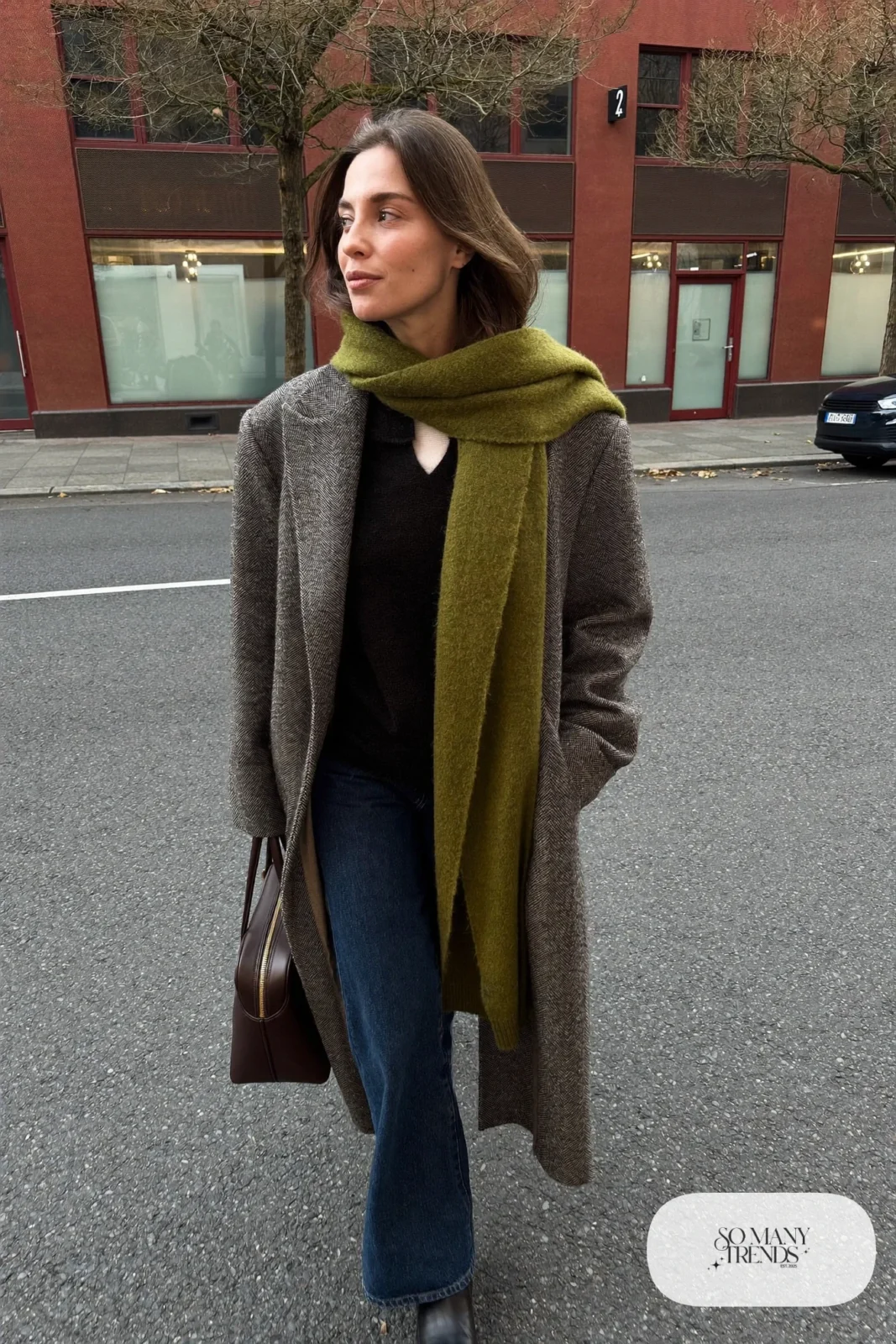 gray herringbone overcoat forest green scarf dark jeans black boots leather bag outfit 6