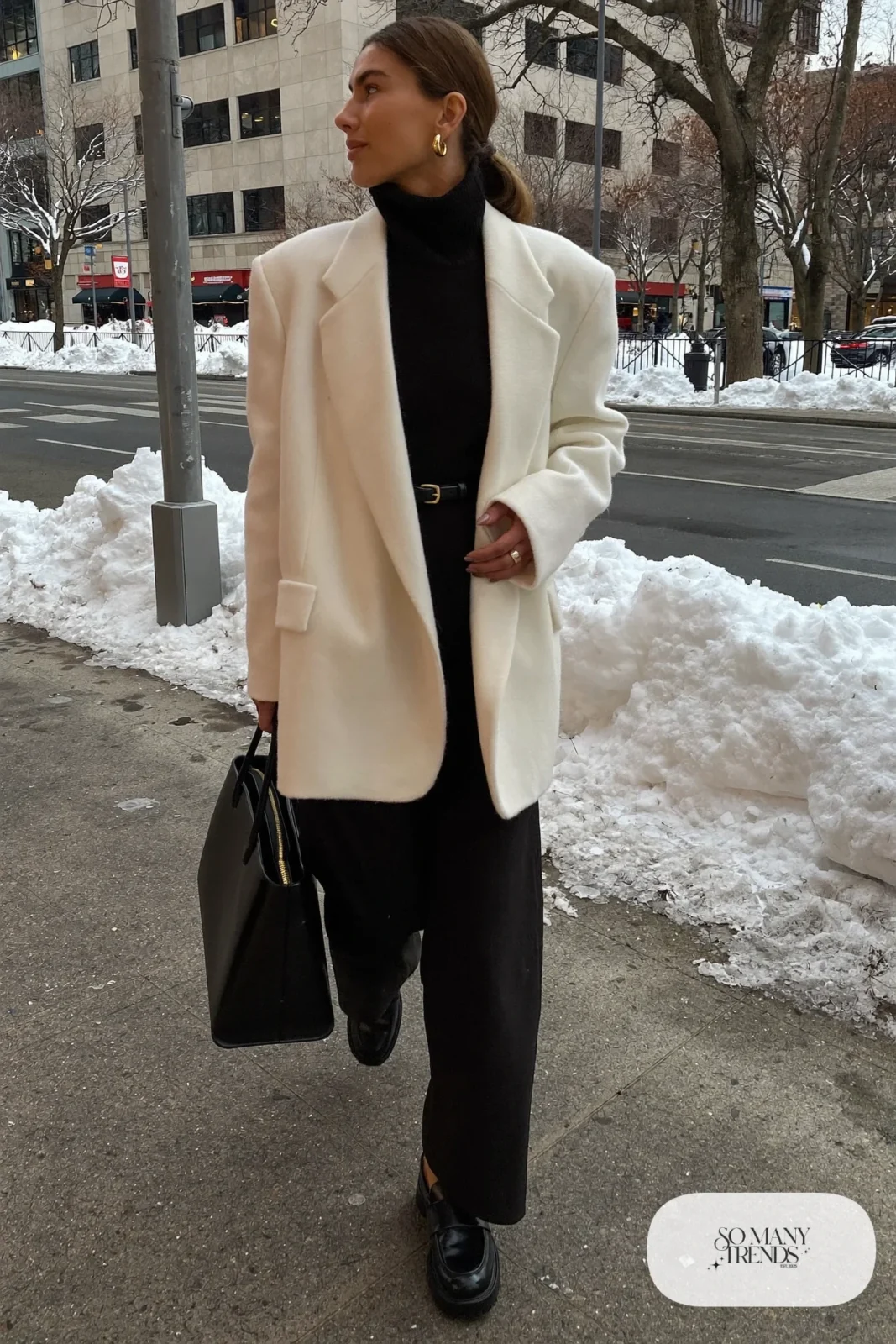 white oversized blazer black turtleneck black wide leg pants chunky black loafers gold belt outfit 9