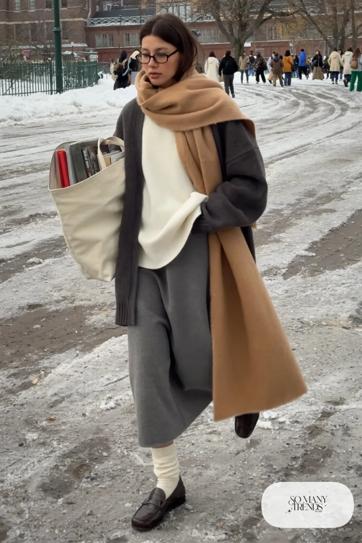white knit sweater long gray wool skirt charcoal cardigan brown loafers thick socks camel scarf outfit 24