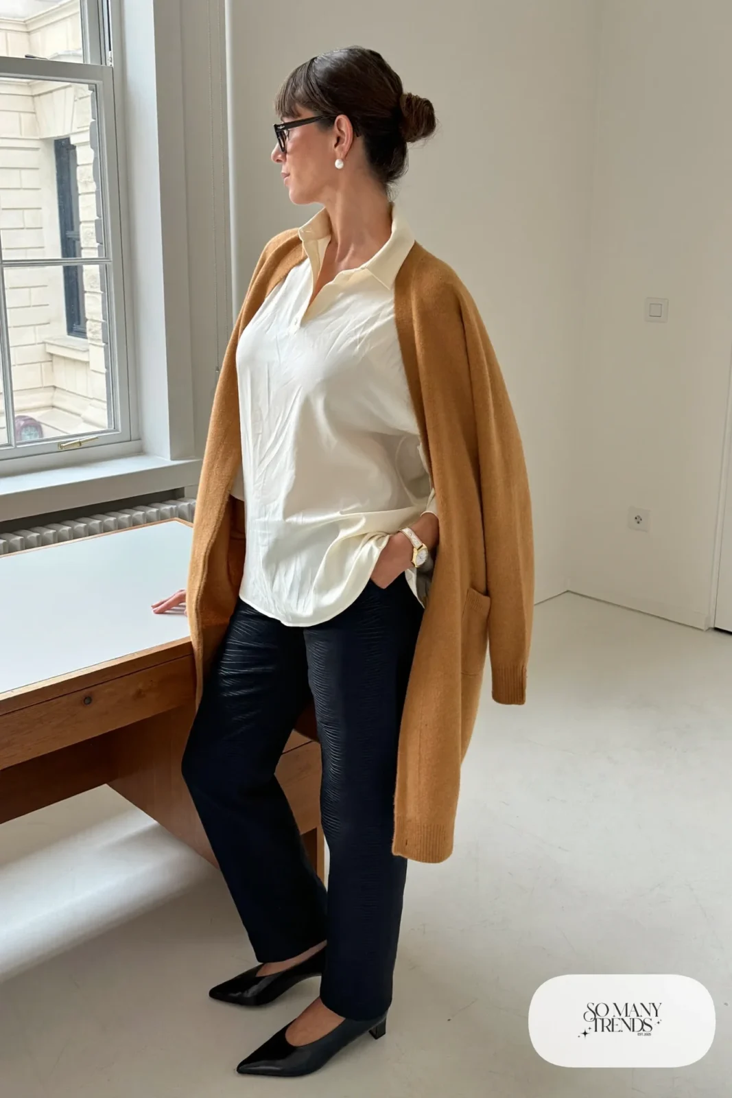 black tailored pants cream silk blouse long camel cardigan black flats outfit 5