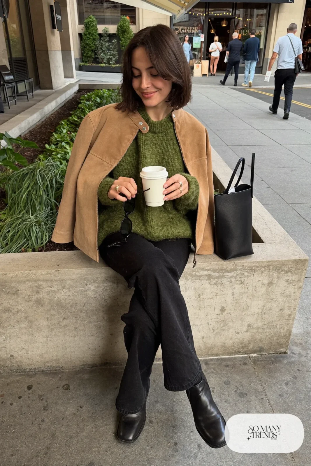 olive long sweater black straight jeans black ankle boots tan suede jacket outfit 9