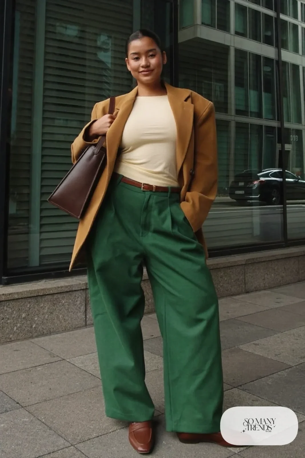forest green high-waisted wide-leg pants cream tucked tee brown belt boxy blazer loafers outfit 2