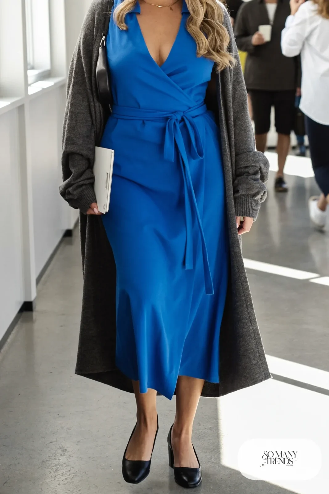 cobalt wrap midi dress charcoal long cardigan black block heel loafers outfit 3
