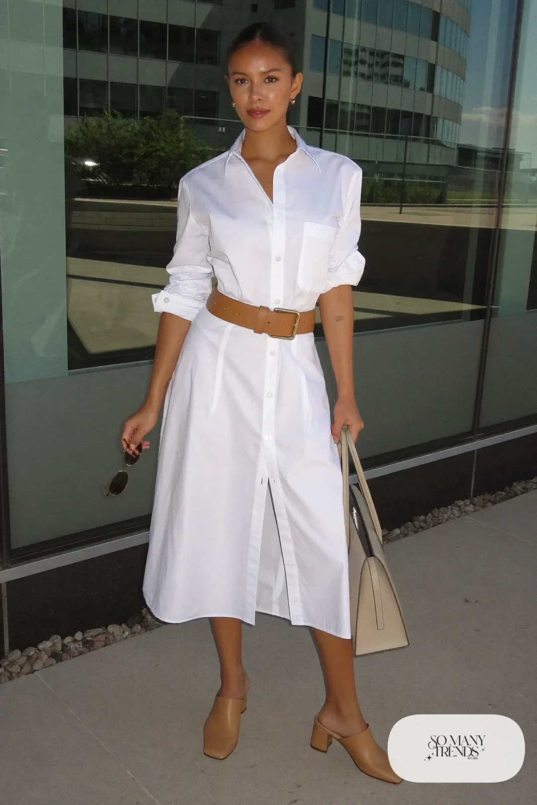 white poplin belted shirt dress tan leather belt block heel mules tote outfit 7