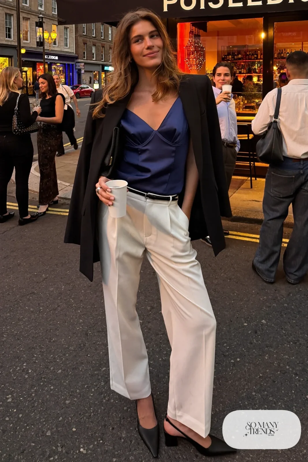 navy satin cami ivory high-waisted tailored pants black blazer over shoulders strappy closed heels outfit 10