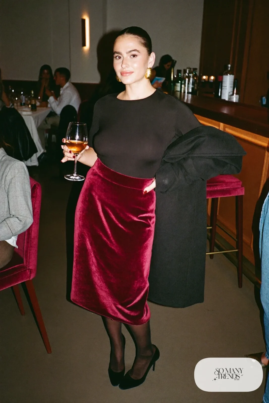 burgundy velvet midi skirt black fine-knit tucked top sheer tights closed pumps outfit 12