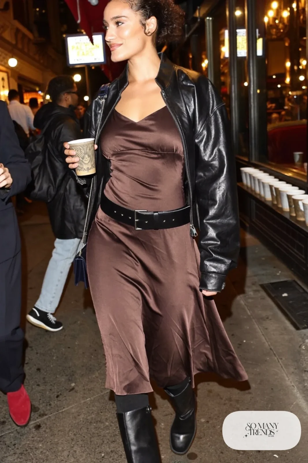 chocolate satin slip midi dress black leather jacket wide belt black tights knee-high boots outfit 13