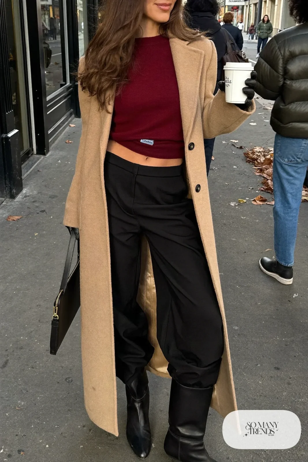 camel wool belted long coat burgundy knit black wool pants black tall boots leather gloves outfit 22