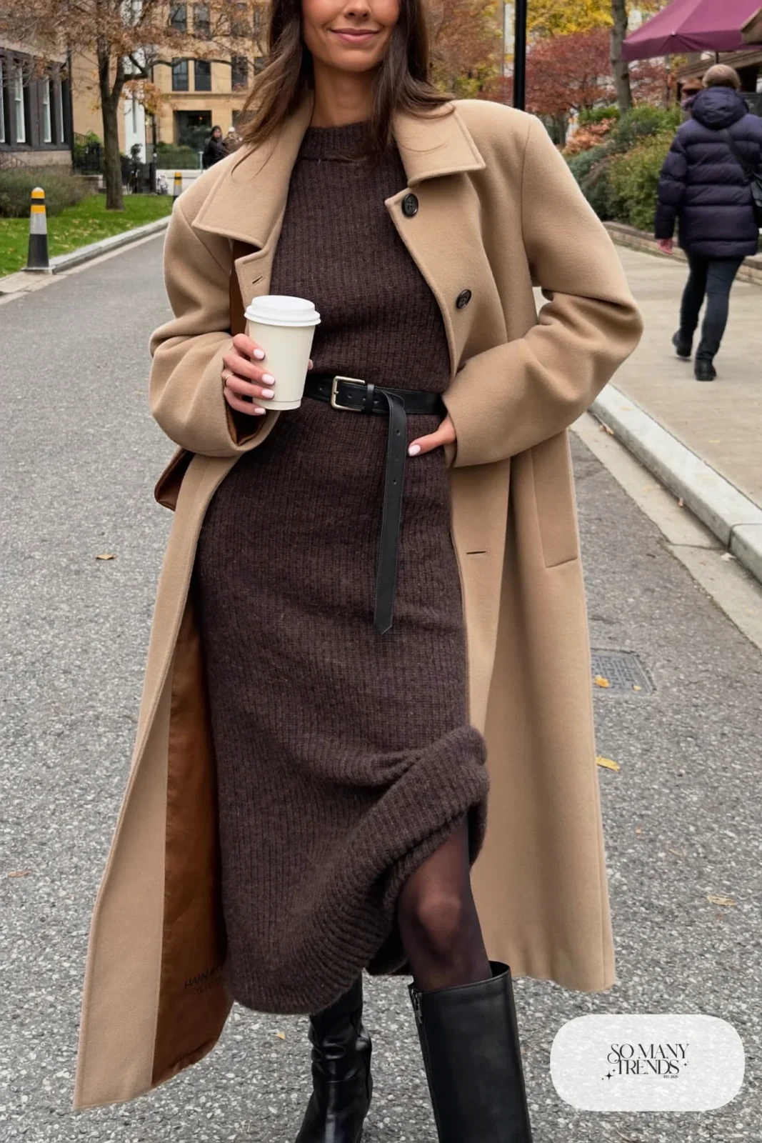charcoal ribbed knit midi dress black belt over dress sheer tights tall black boots long coat outfit 24