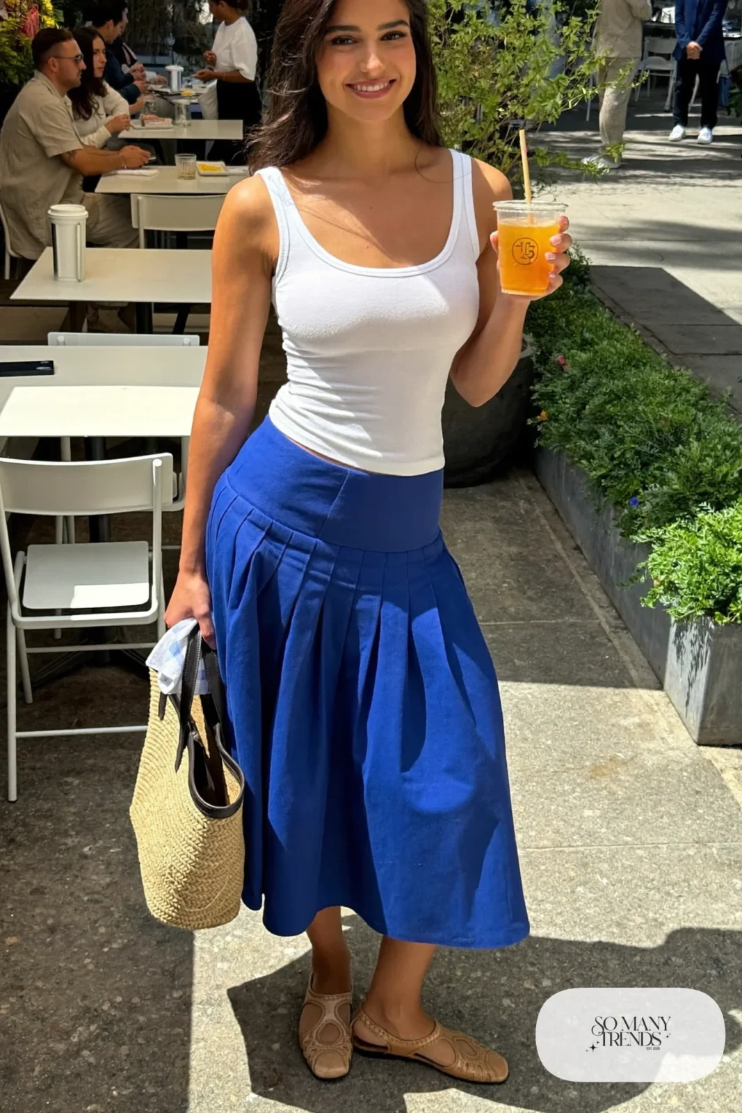 cobalt poplin full midi skirt white tucked cotton tank tan sandals straw bag outfit 30