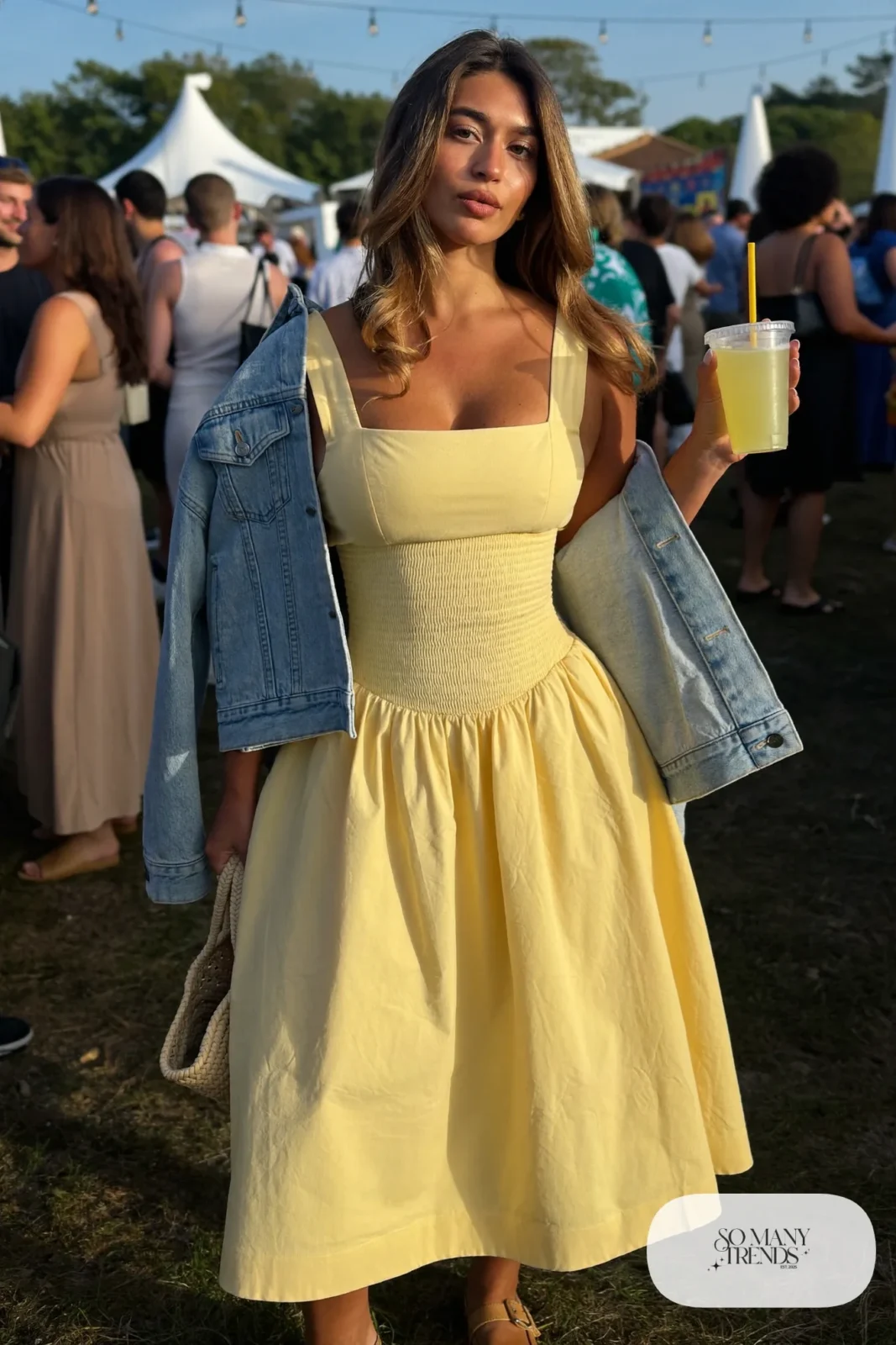 butter yellow smocked waist sundress wide straps denim jacket flat sandals straw bag outfit 31