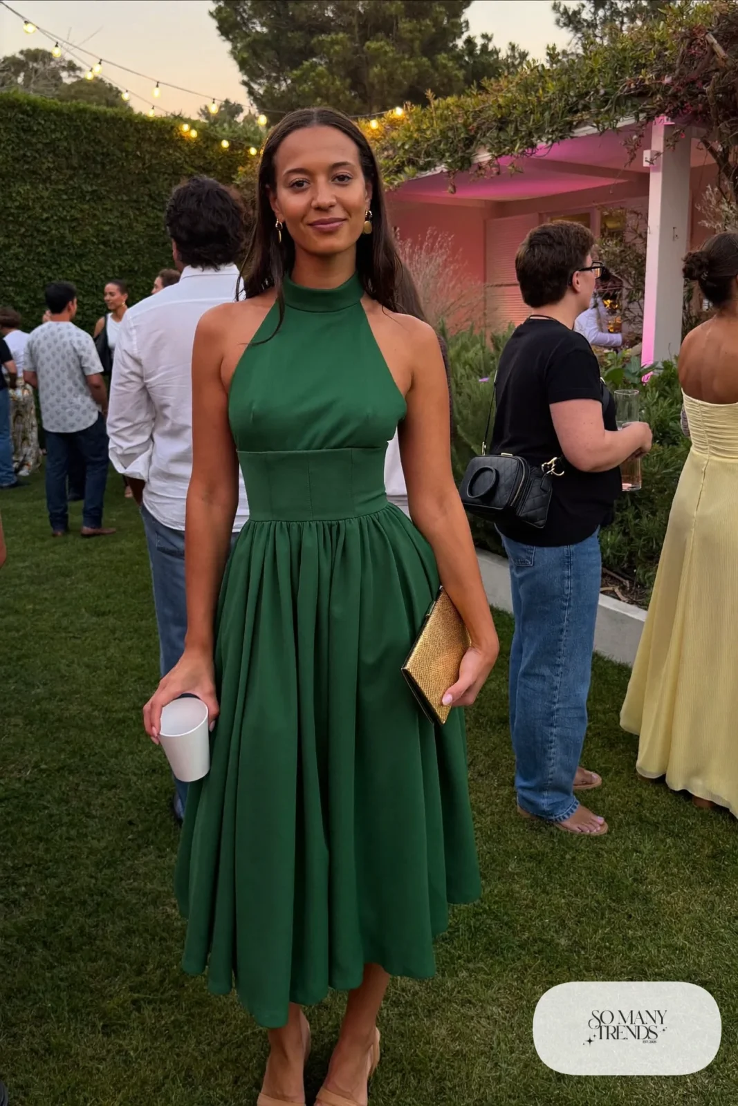 forest green halter midi dress wide waistband block heel sandals small clutch outfit 33