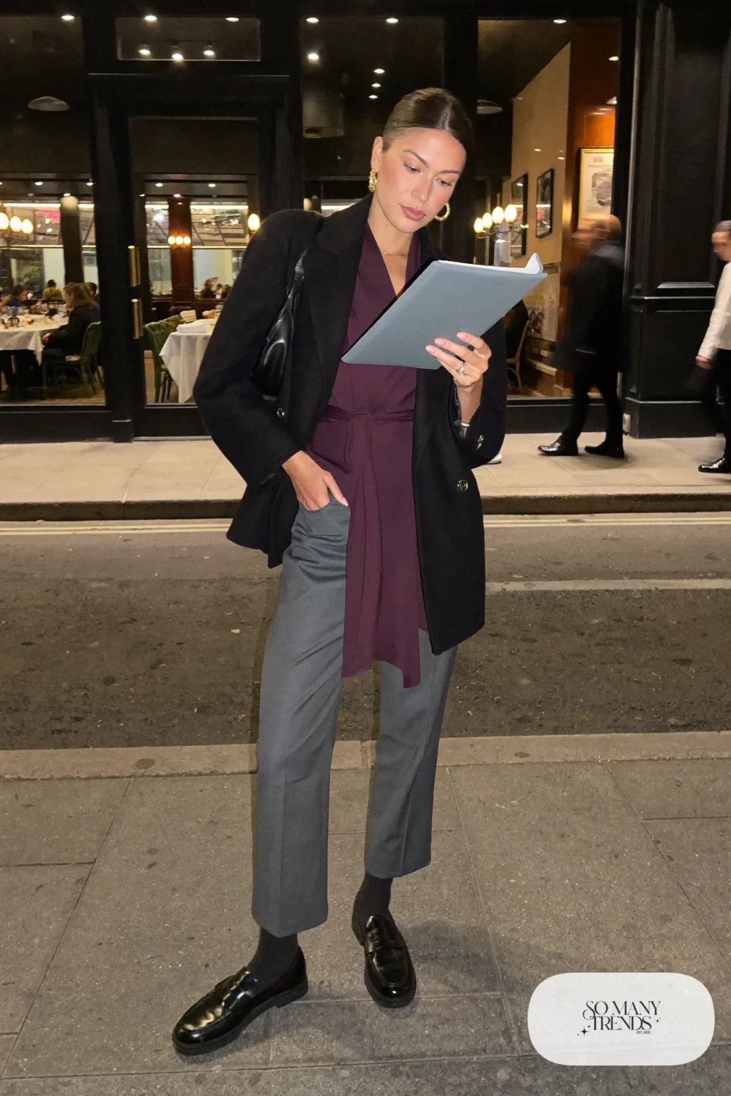 plum wrap blouse straight gray tailored pants black blazer black loafers small bag outfit 12