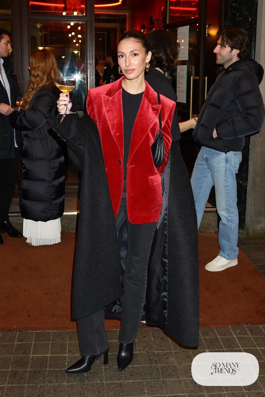 red velvet oversized blazer black bodysuit black straight jeans heeled black boots long black coat outfit 33