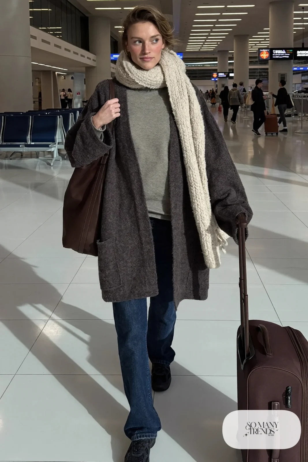 long charcoal wool cardigan gray tee relaxed dark jeans slip-on sneakers oversized scarf tote outfit 27