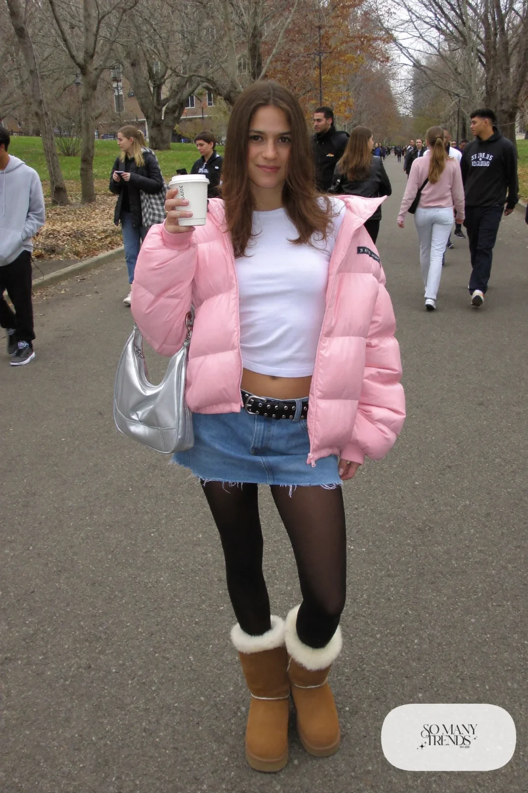 baby pink cropped puffer jacket white baby tee denim mini skirt tights ugg-style boots mini shoulder bag outfit 1