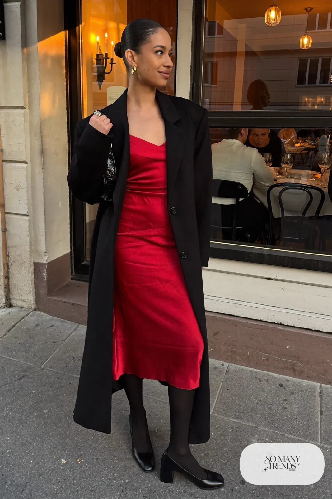red satin slip dress black oversized wool coat block heel pumps small black bag valentines outfit 1