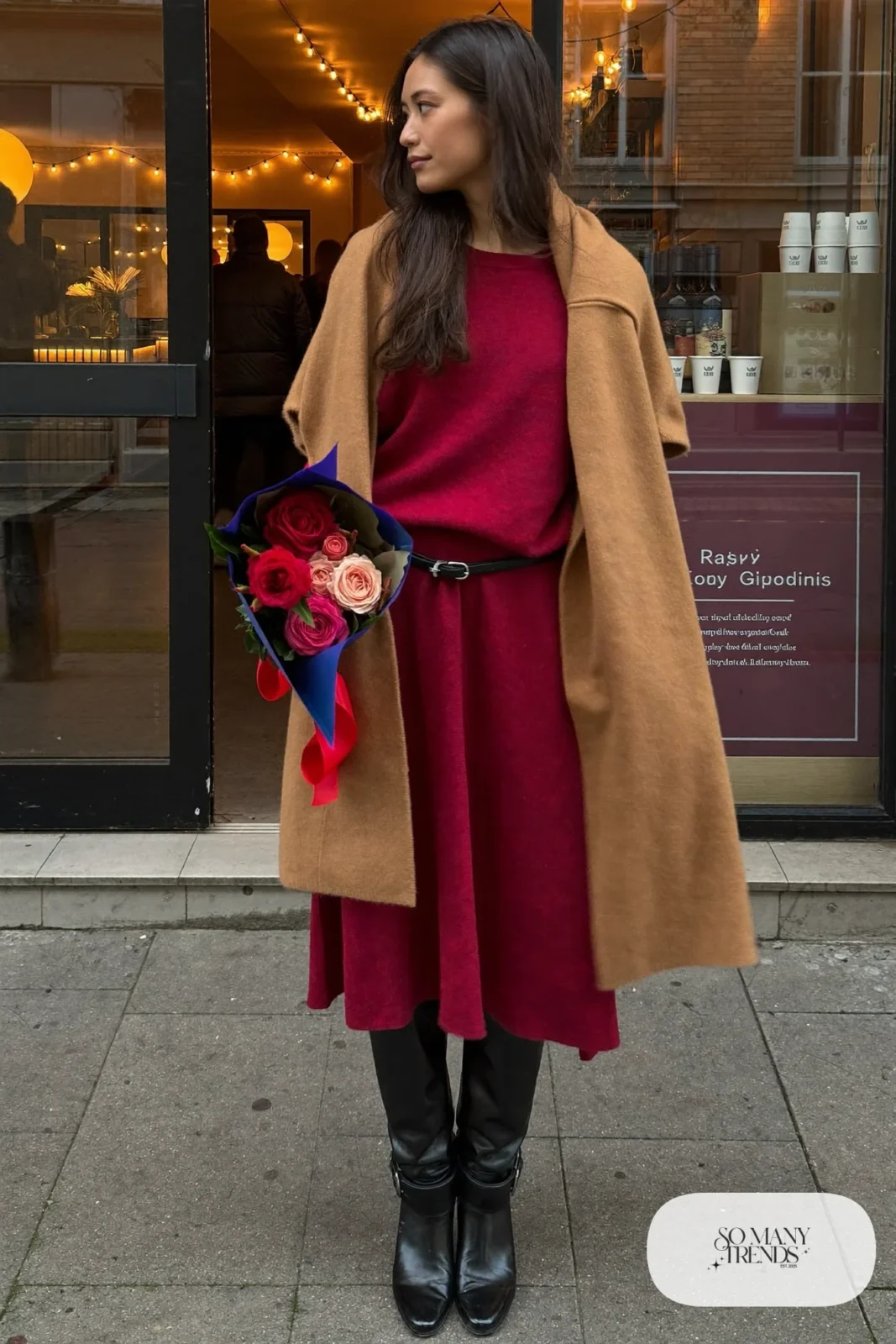 burgundy knit sweater midi dress black knee high boots thin belt black tights valentines dinner outfit 3