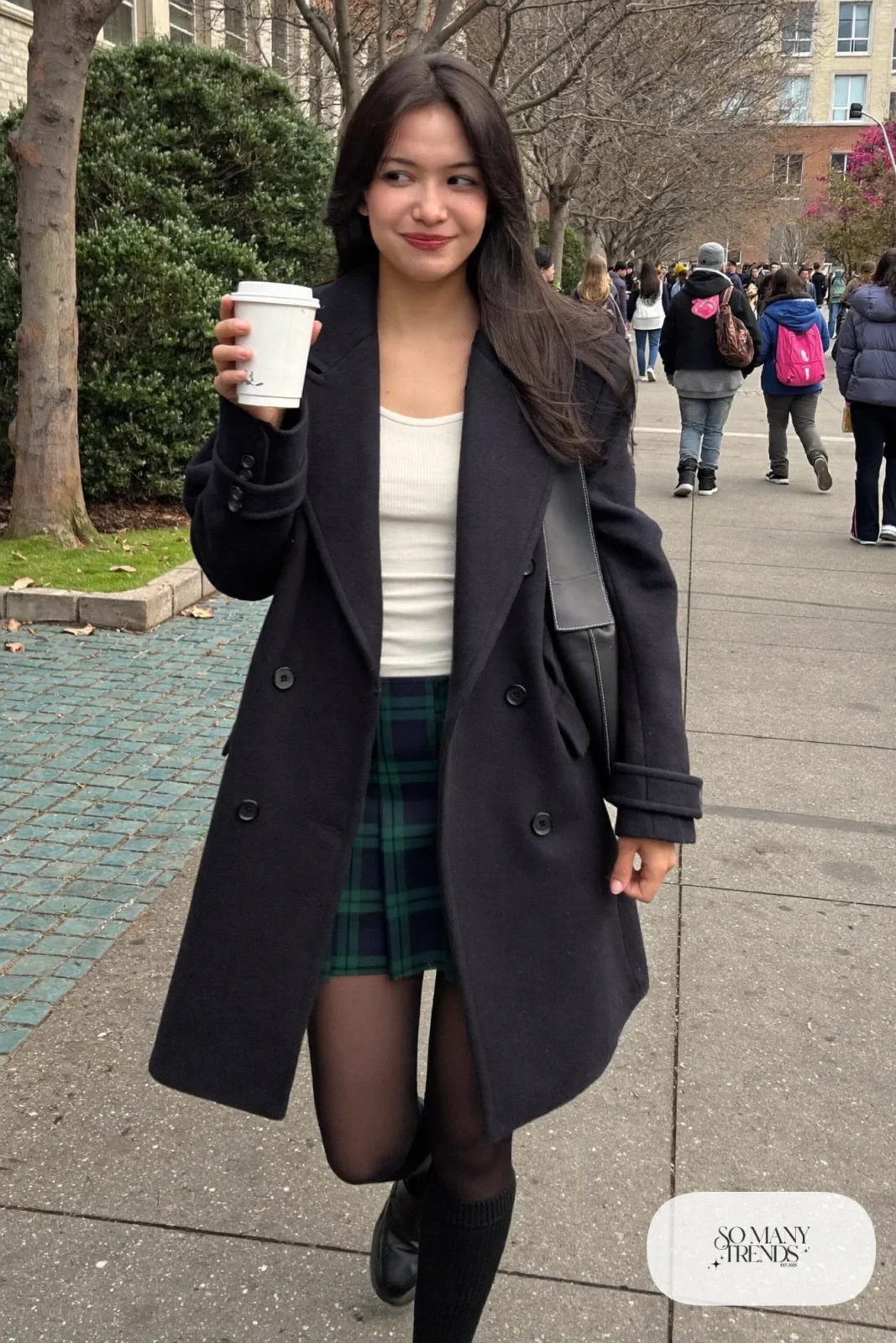 forest green plaid mini skirt navy wool pea coat white knit top knee socks loafers outfit 6