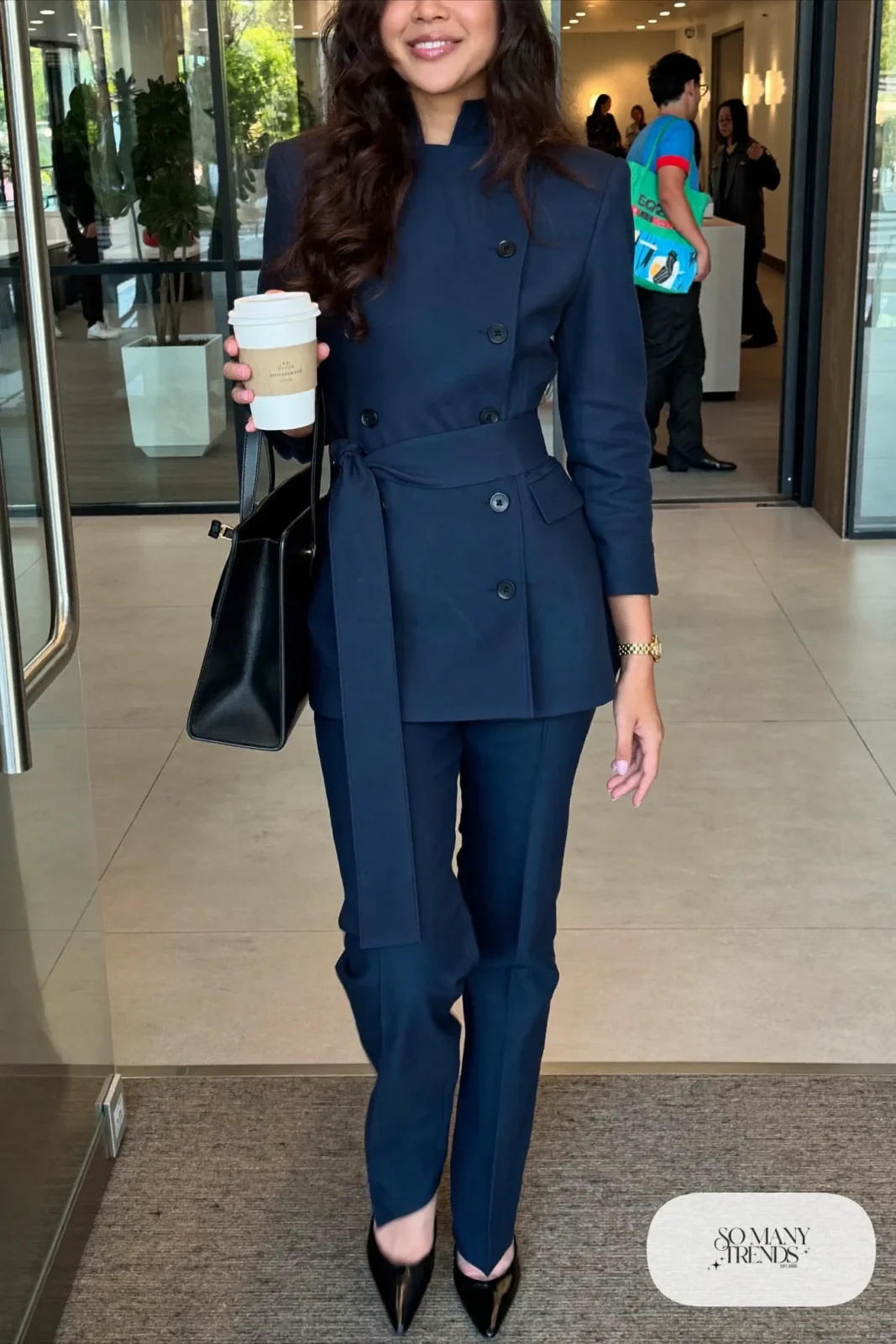 navy belted blazer dress black pointed pumps structured tote hourglass outfit 1