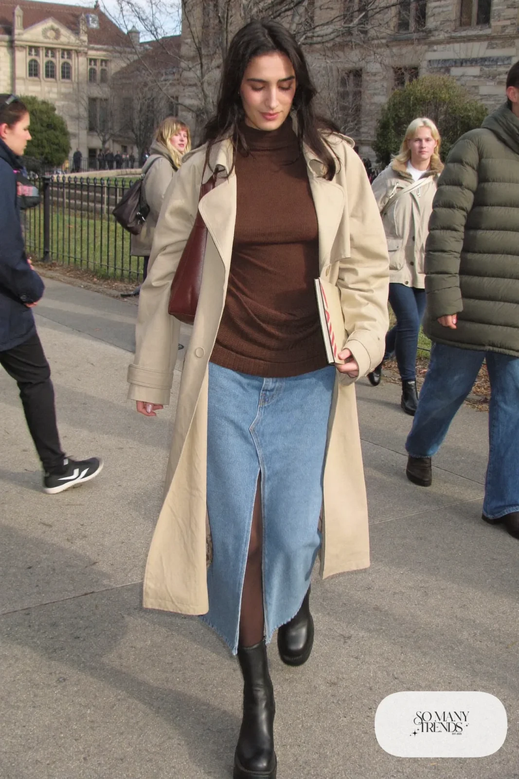 denim maxi skirt chocolate brown turtleneck beige trench coat black boots shoulder bag outfit 10