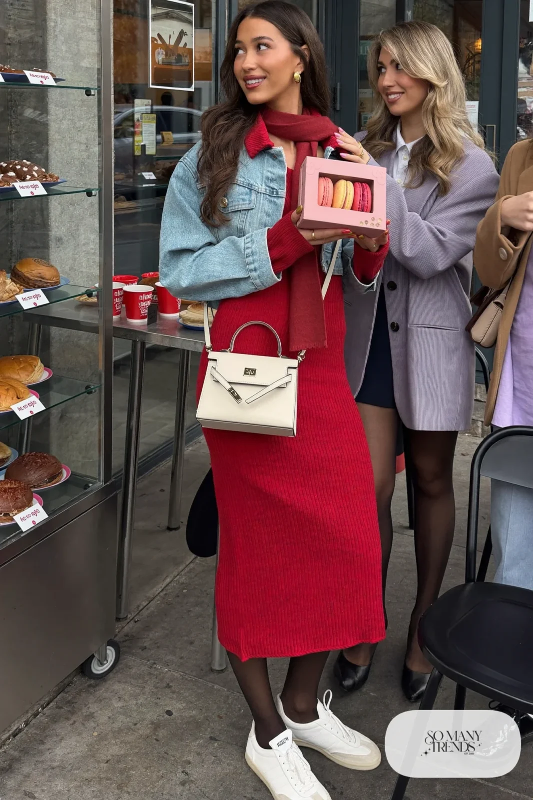 red ribbed knit midi cardigan dress white sneakers cropped denim jacket small crossbody galentines outfit 14