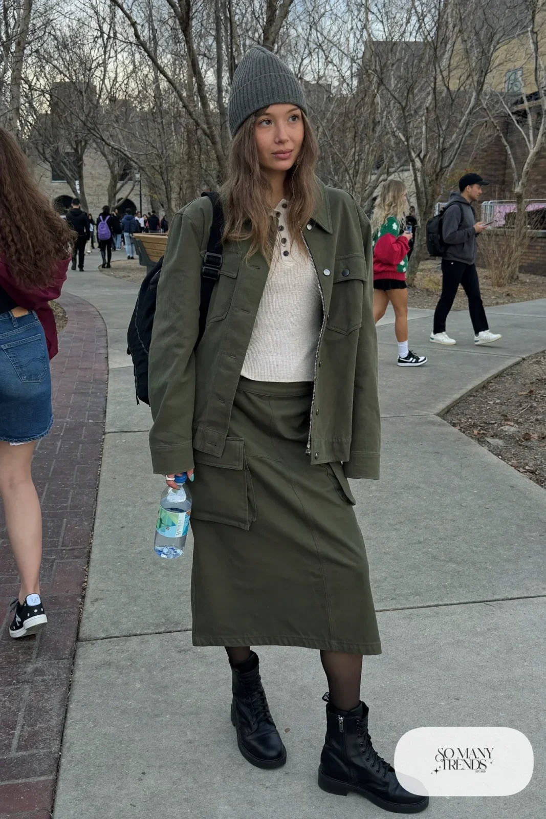 olive cargo maxi skirt cream thermal henley oversized utility jacket combat boots beanie backpack outfit 19
