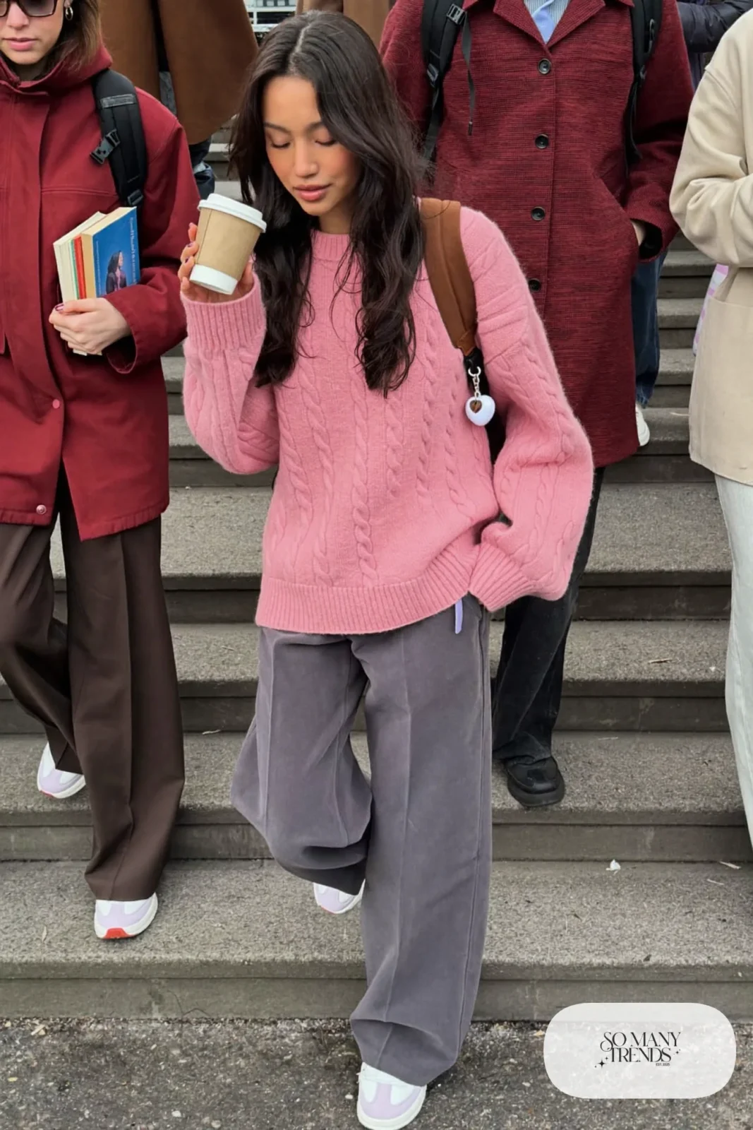 pale pink cable knit sweater gray wide leg pants white sneakers canvas backpack heart charm valentines class outfit 19