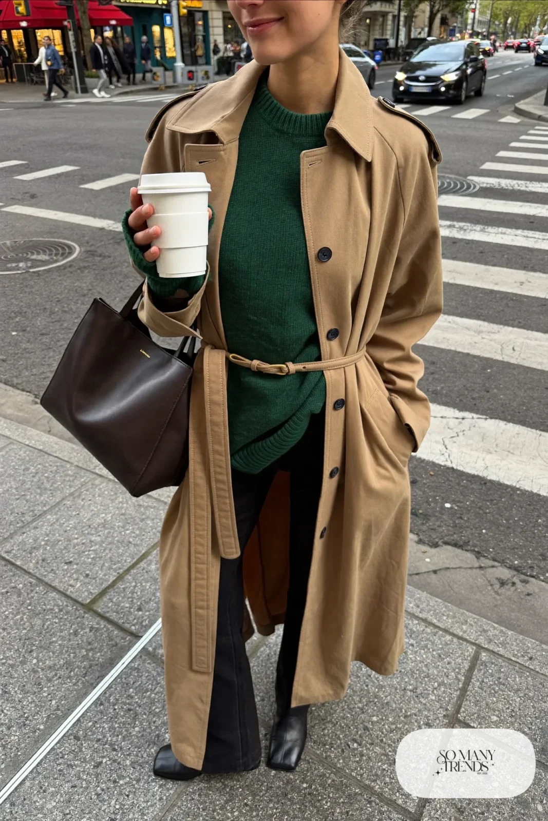 camel belted long trench coat forest green knit straight pants black ankle boots outfit 5