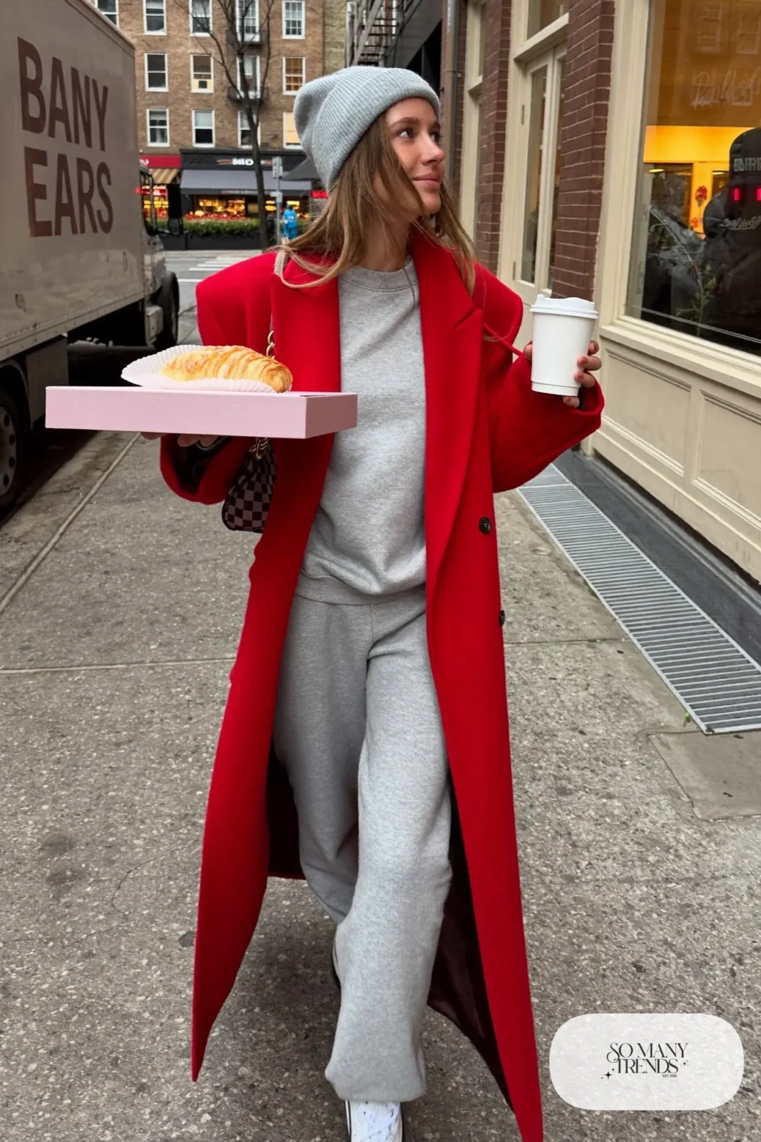 heather gray sweatshirt and joggers set long red wool coat white sneakers small bag gray beanie valentines casual outfit 30