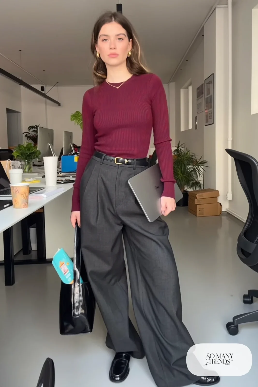 burgundy ribbed knit top tucked charcoal wide-leg pants slim belt loafers outfit 6