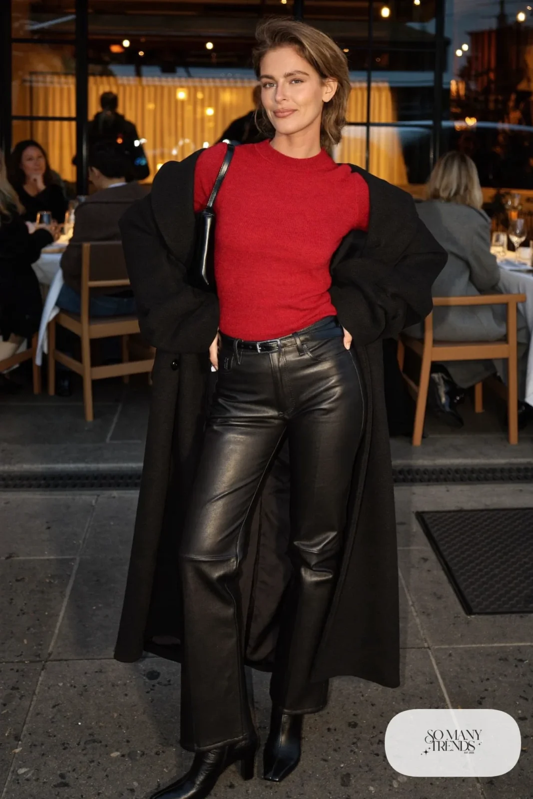 black high-waisted leather pants cherry red fitted knit tucked slim belt heeled ankle boots outfit 28