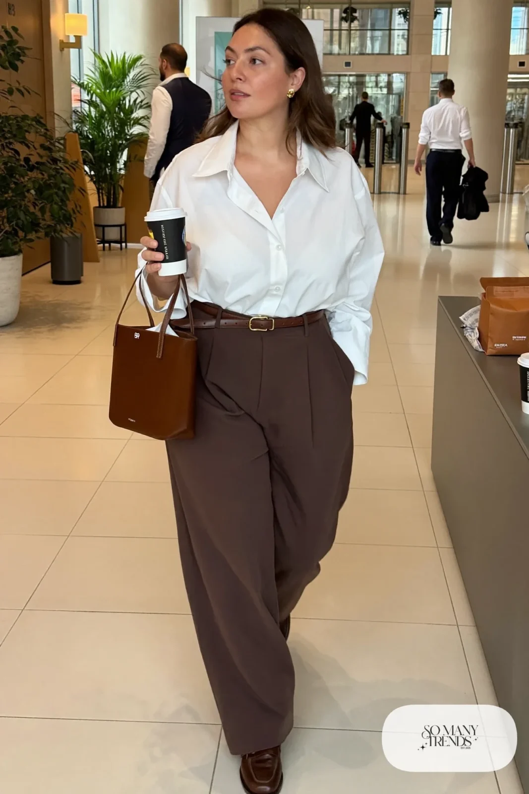 white poplin shirt tucked in, chocolate brown high-waisted pants, brown leather belt, loafers outfit 5