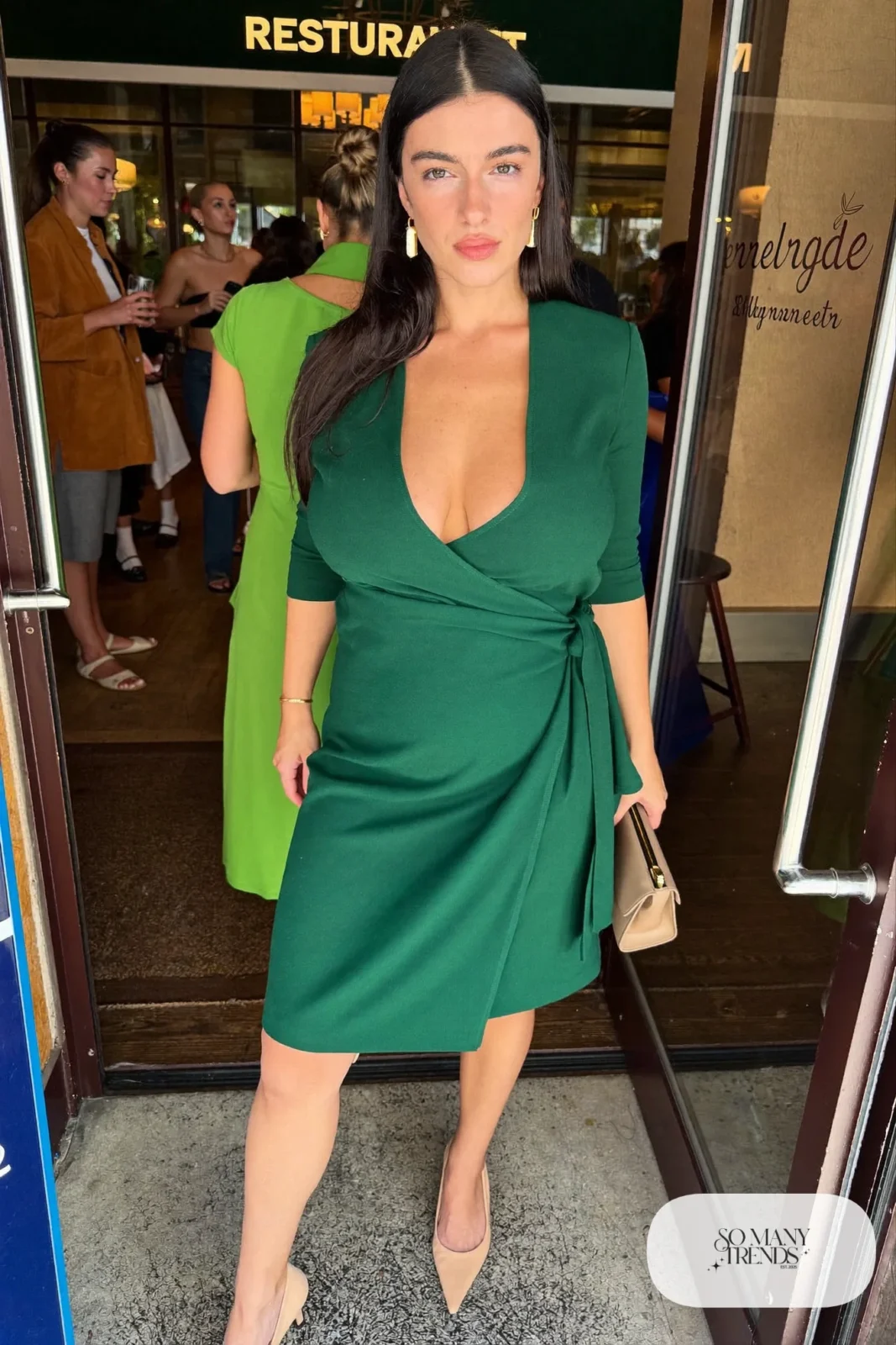 forest green crepe wrap dress, below-knee hem, nude pointed pumps, gold earrings outfit 7