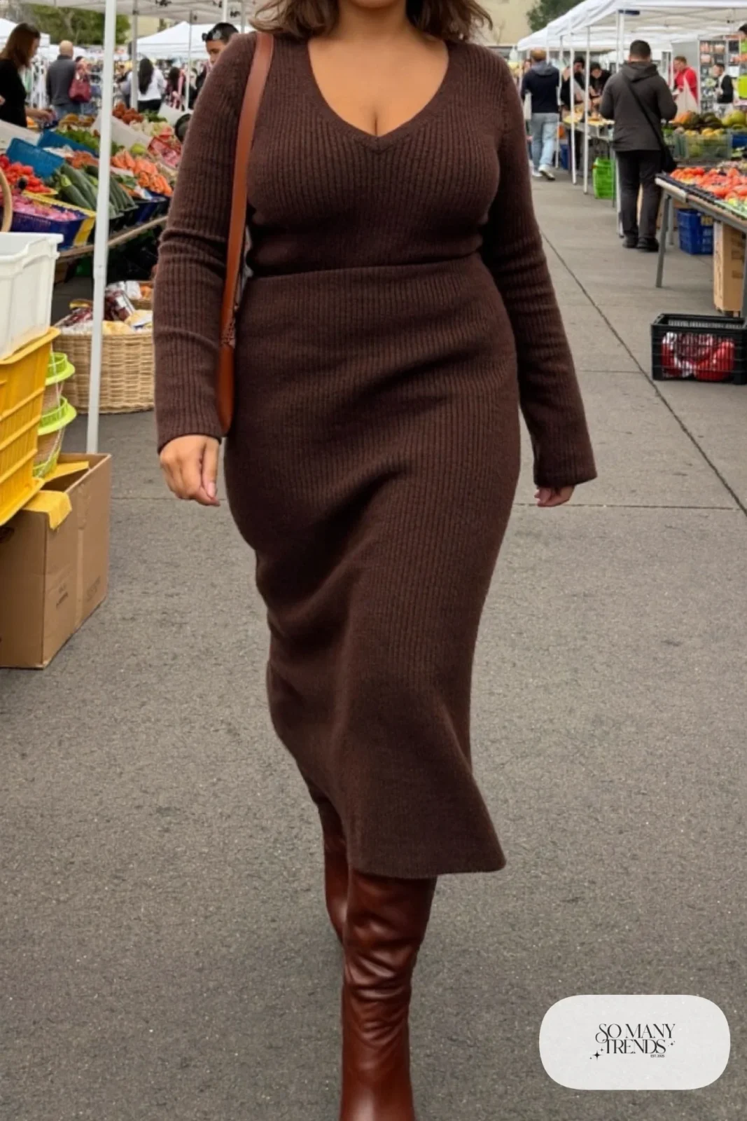 chocolate brown knit midi dress, V-neck, tall brown boots, leather bag outfit 11