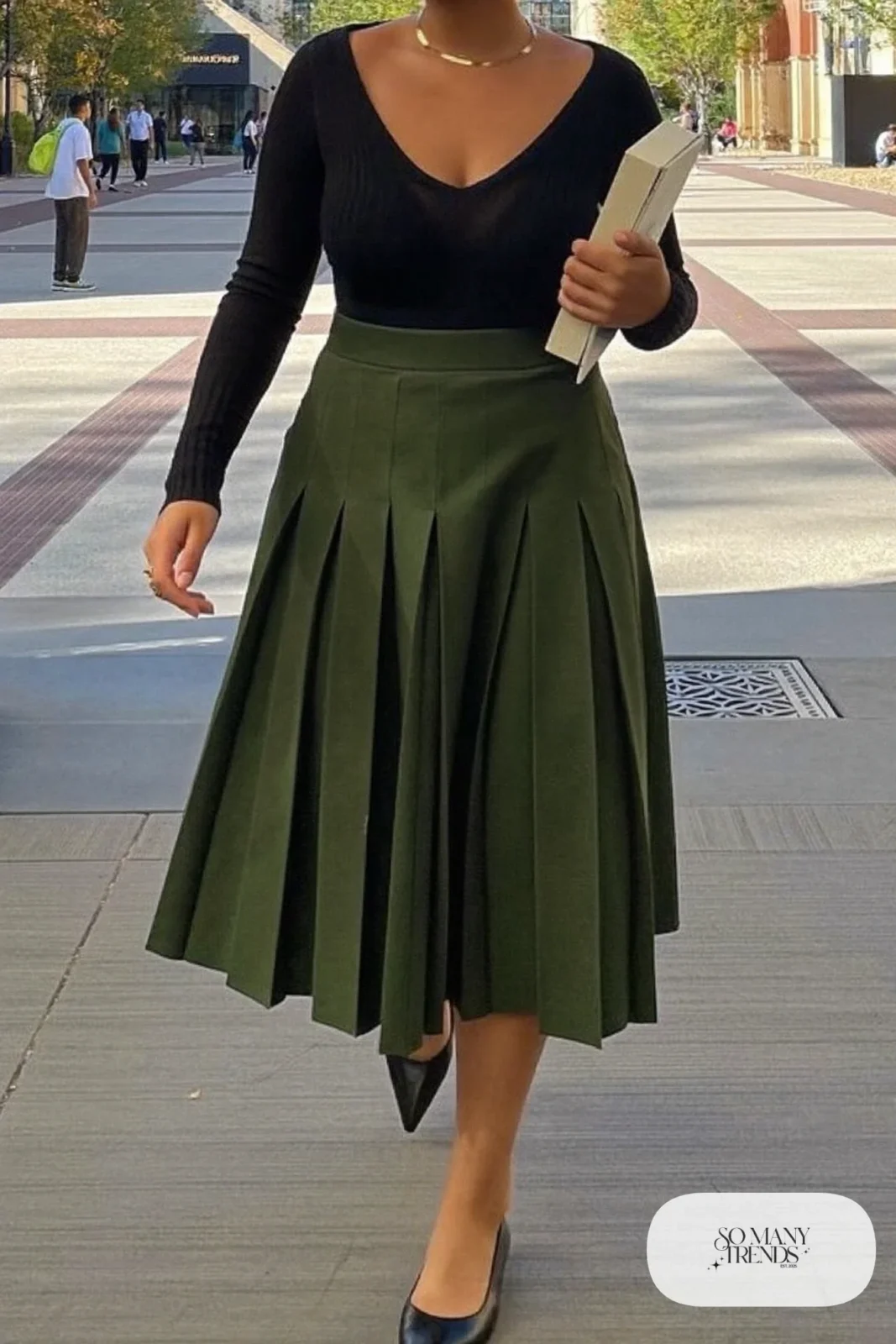 forest green pleated midi skirt, black V-neck knit tucked in, black pointed flats outfit 13