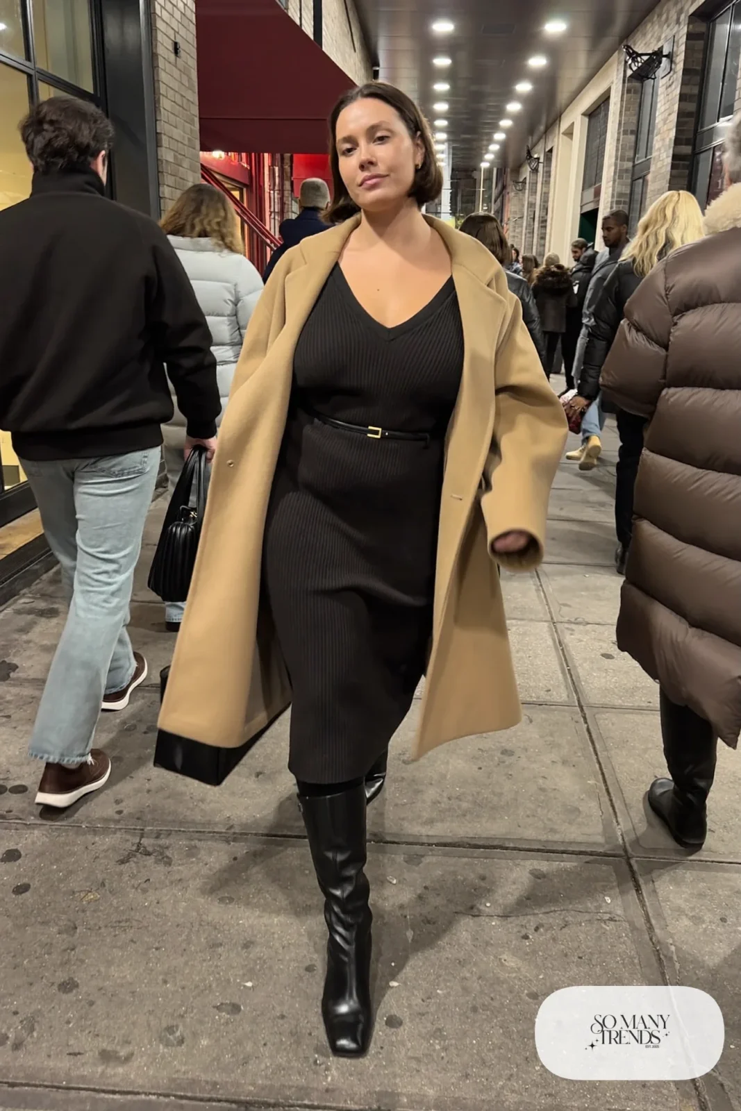 black ponte V-neck midi dress, camel oversized wool coat, tall black boots, belt outfit 29