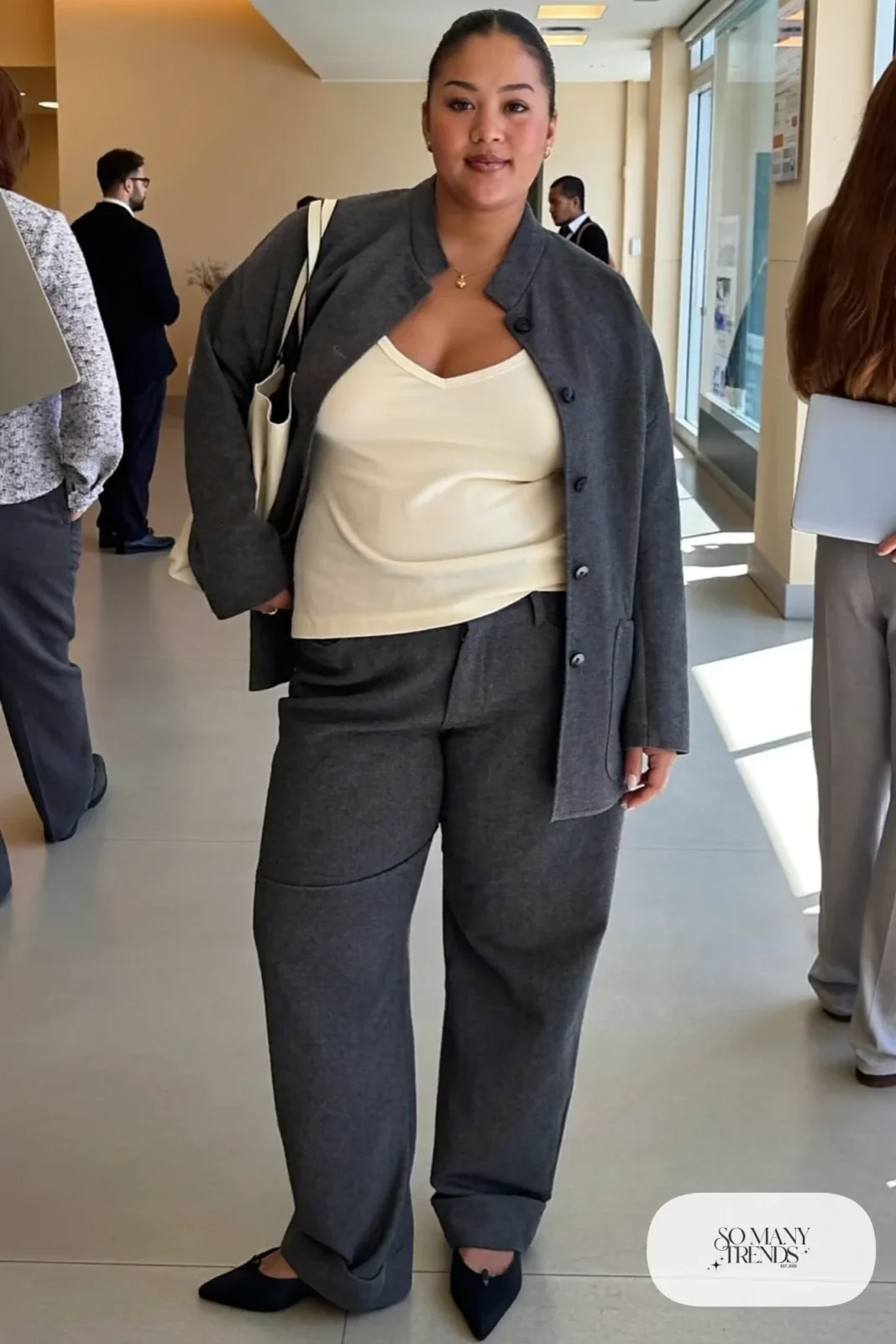 charcoal ponte blazer, cream V-neck knit, charcoal straight-leg pants, black pointed flats outfit 2