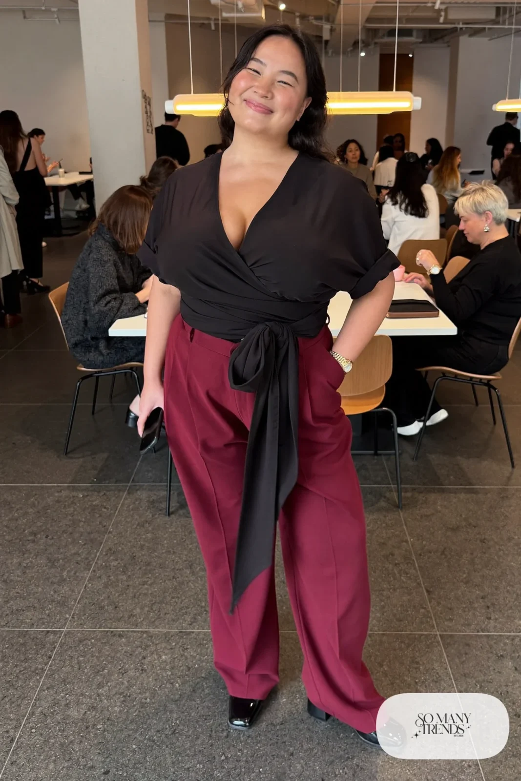 black crepe wrap top, burgundy high-waisted wide-leg pants, block heel loafers outfit 3