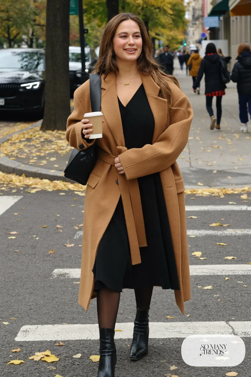black ponte midi dress, camel knee-length wool coat, black tights, pointed ankle boots outfit 9