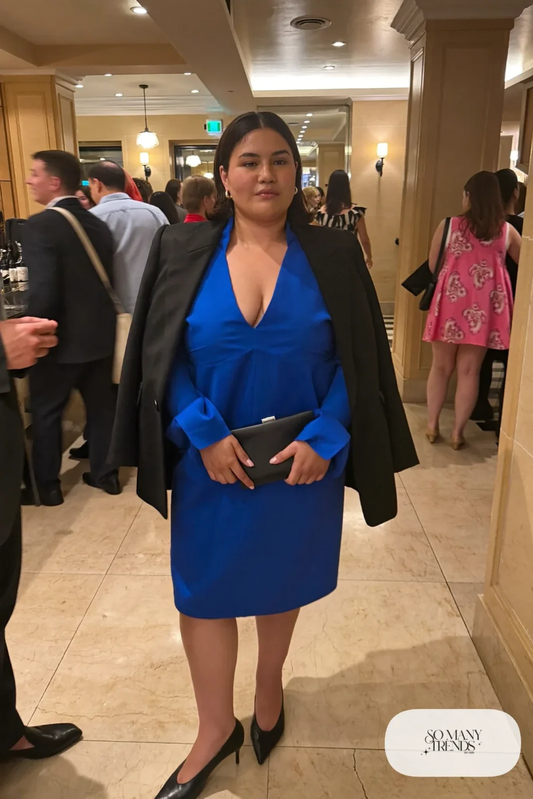 cobalt crepe knee-length dress, black hip-length blazer, black pointed pumps outfit 10