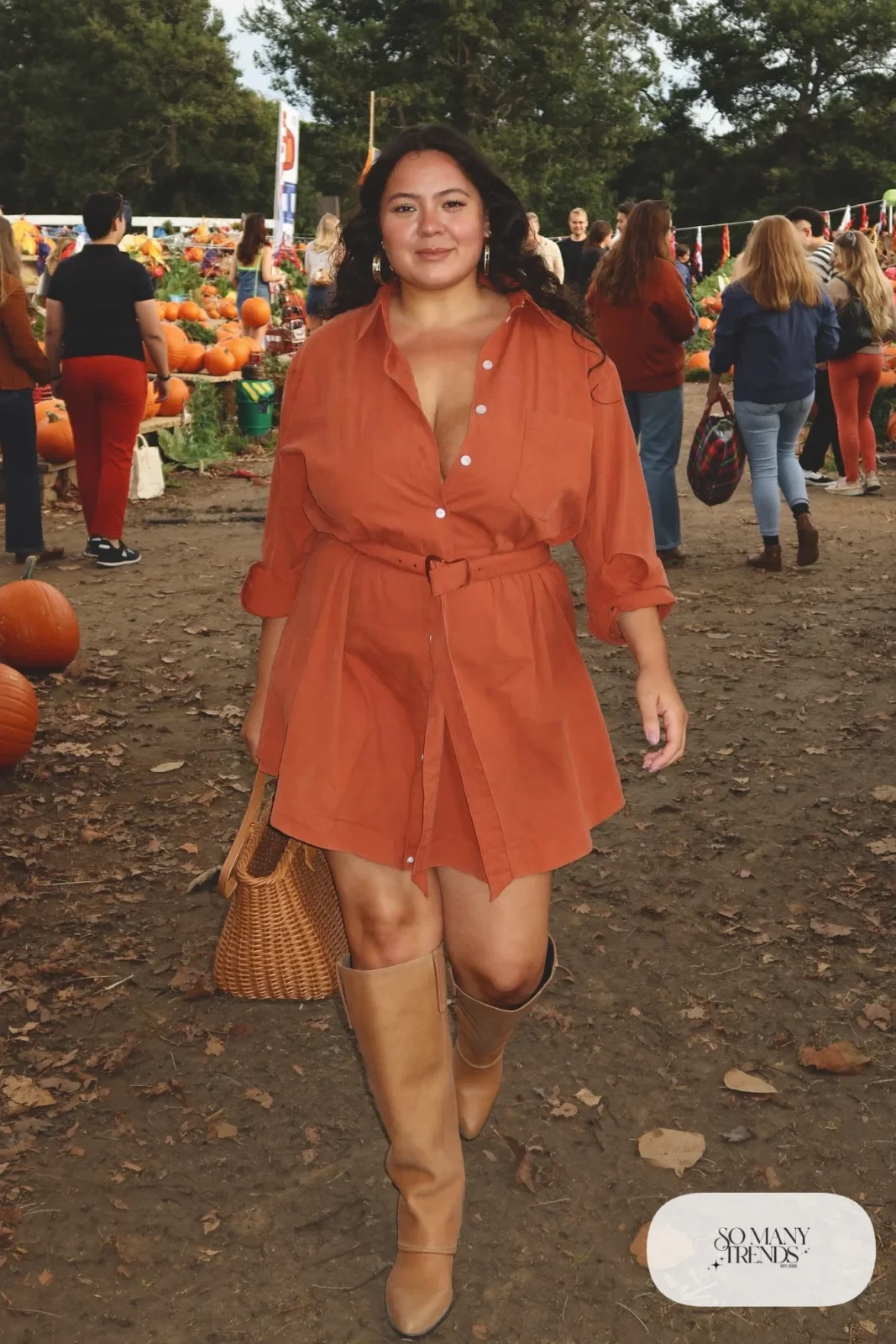 rust cotton belted shirt dress, tall tan boots, leather belt outfit 23
