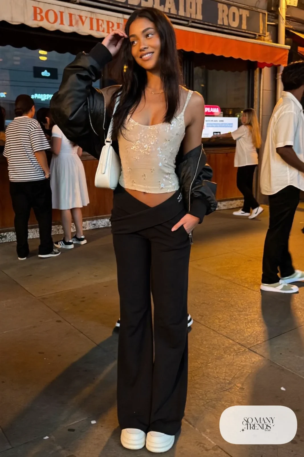 sequin camisole fold-over black yoga pants cropped bomber jacket sneakers outfit 7