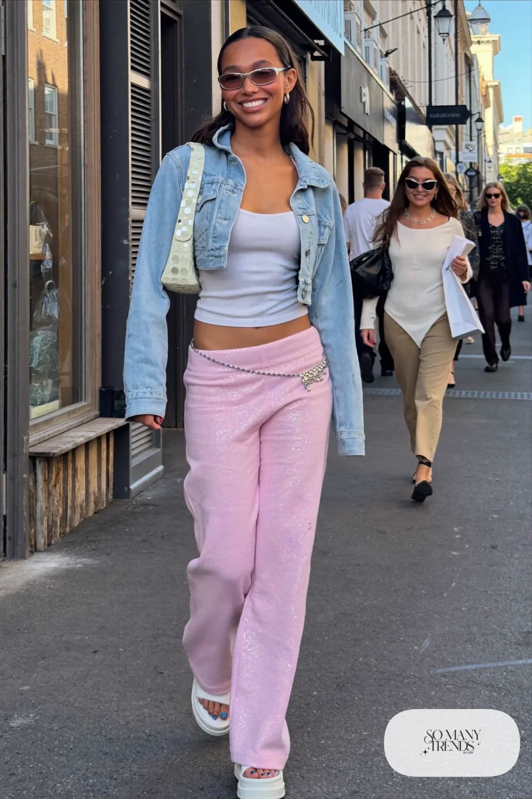 cropped light denim jacket white cami baby pink low-rise sweatpants platform slides baguette bag outfit 19